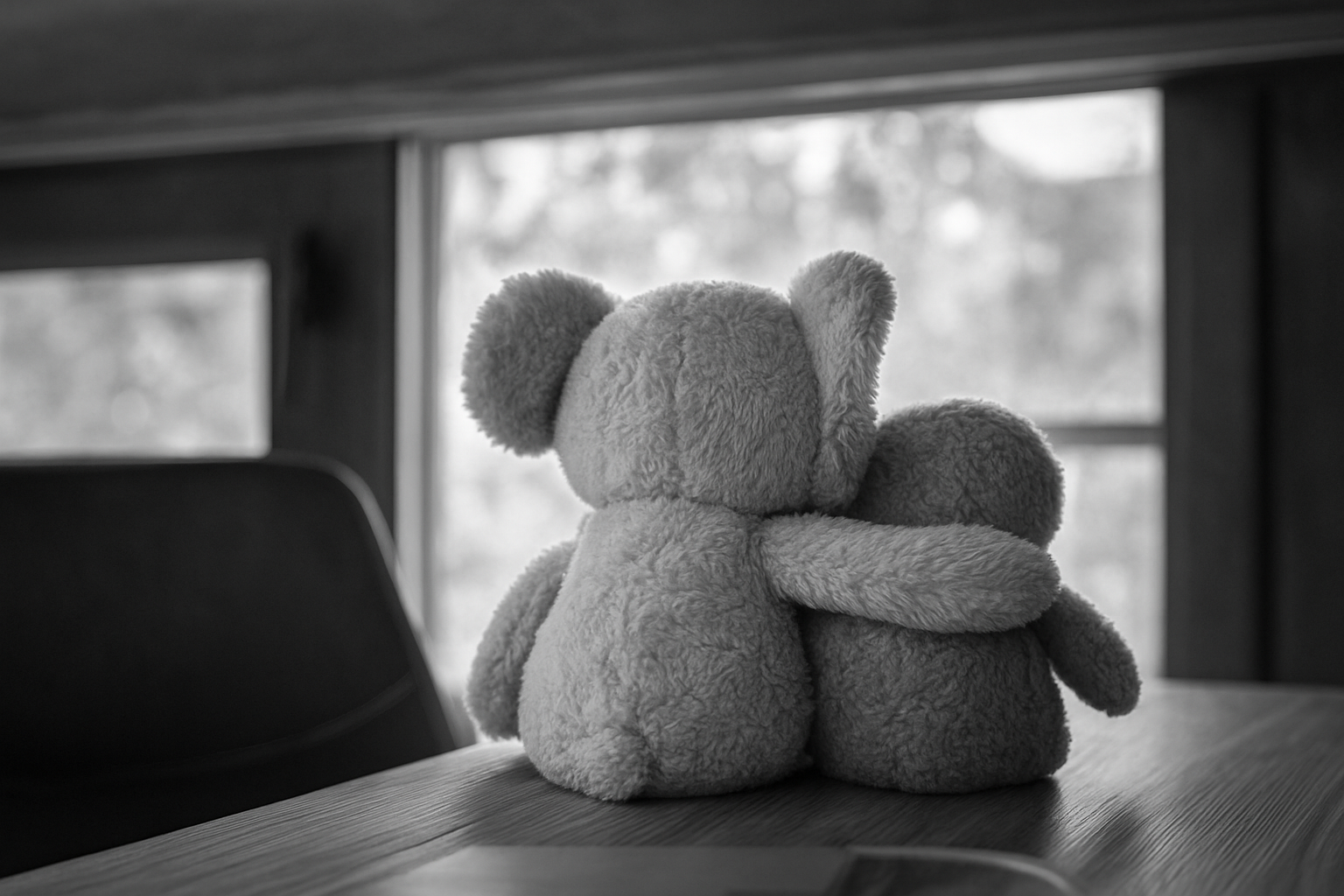 Two toy animals hugging on desk